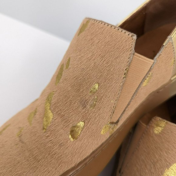 Free People Varsity Sneakers 8 Metallic Gold Calf Hair Leather Slip Ons Comfort - Picture 11 of 13